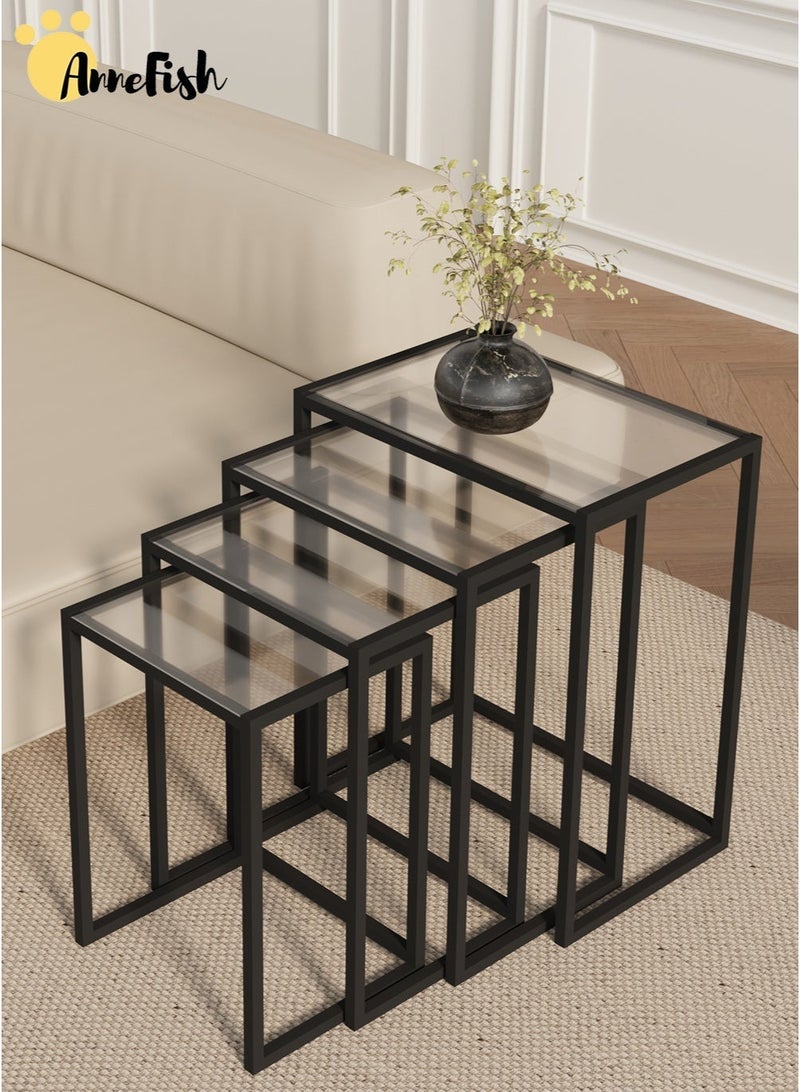 AnneFish 4Pcs C-Shaped Tempered Glass Coffee Table Set Sofa Side Nesting Table End Table For Home Living Room Bedroom Small Coffee Table Couch Table Metal Frame Easy Assembly - Image 2